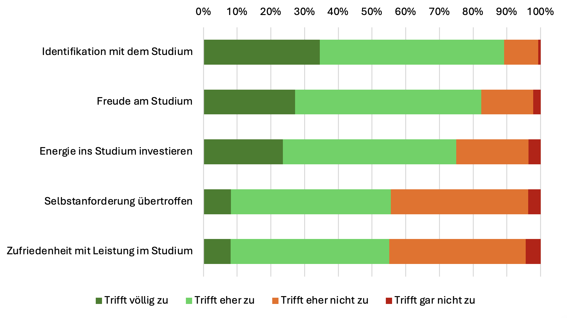 Bewertung des eigenen Studiums: Identifikation, Freude, Energie, Selbstanforderung übertroffen, Zufriedenheit mit Leistung