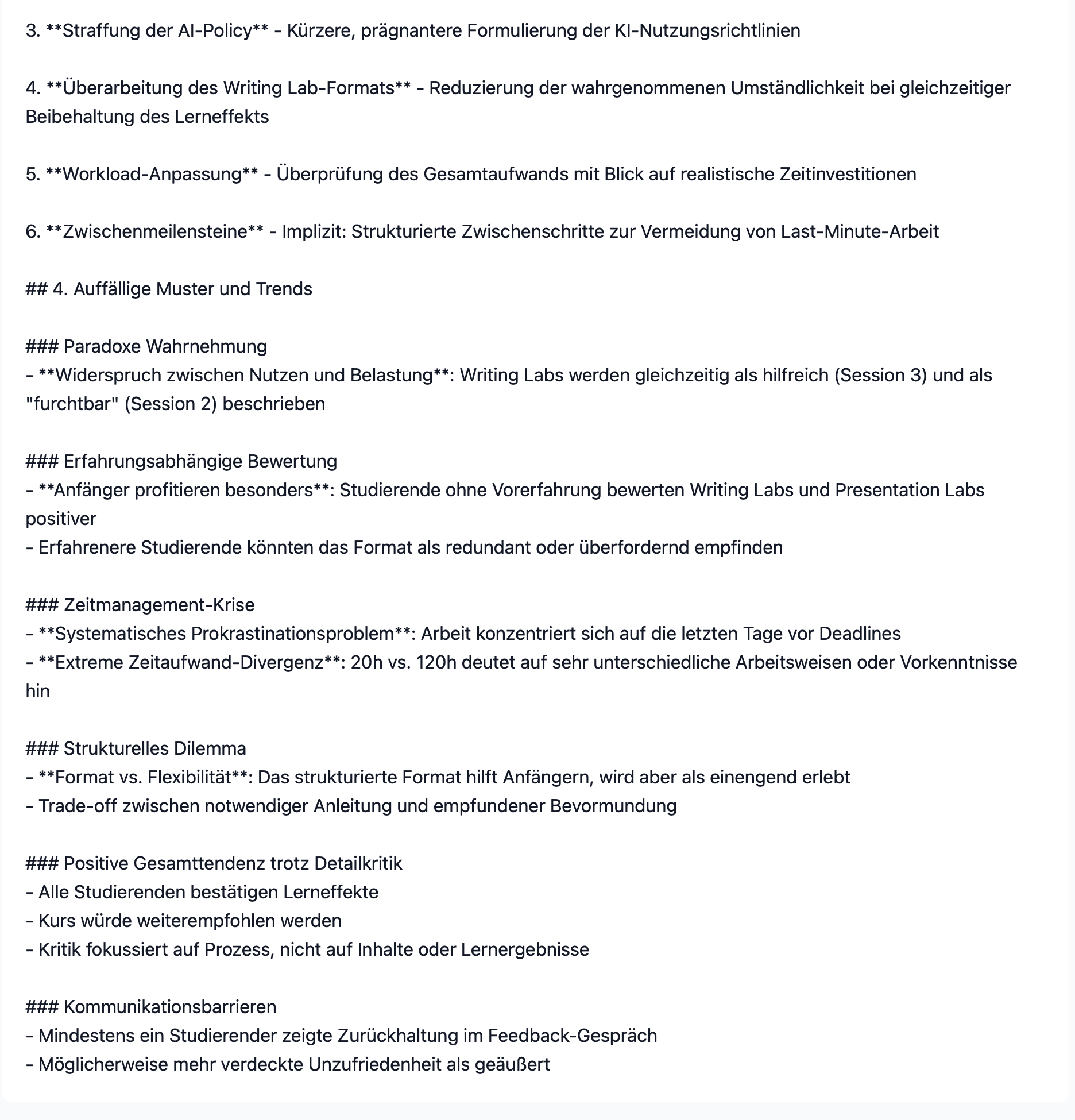 Aggregierte Sicht in evalchat mit Top-Positiv-Aspekten, Top-Kritikpunkten, Verbesserungsvorschlägen und Muster-Analyse