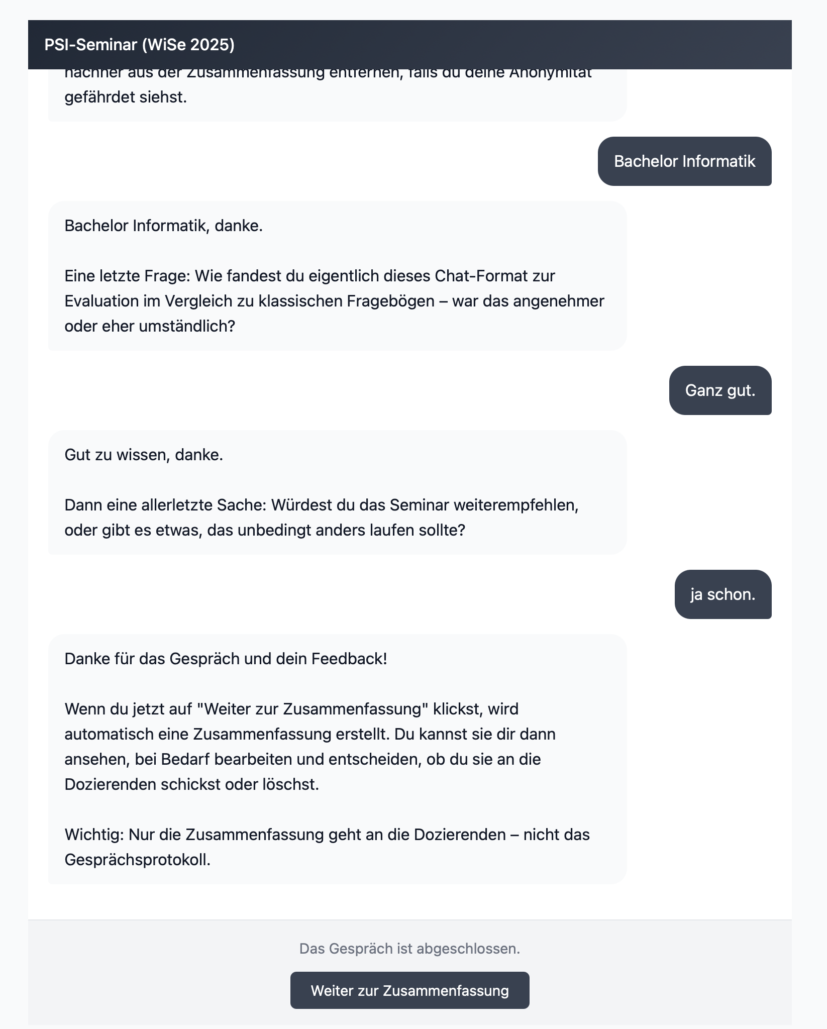 Übergang zum Ende des Chats mit Format-Reflexion und Weiterempfehlungs-Frage