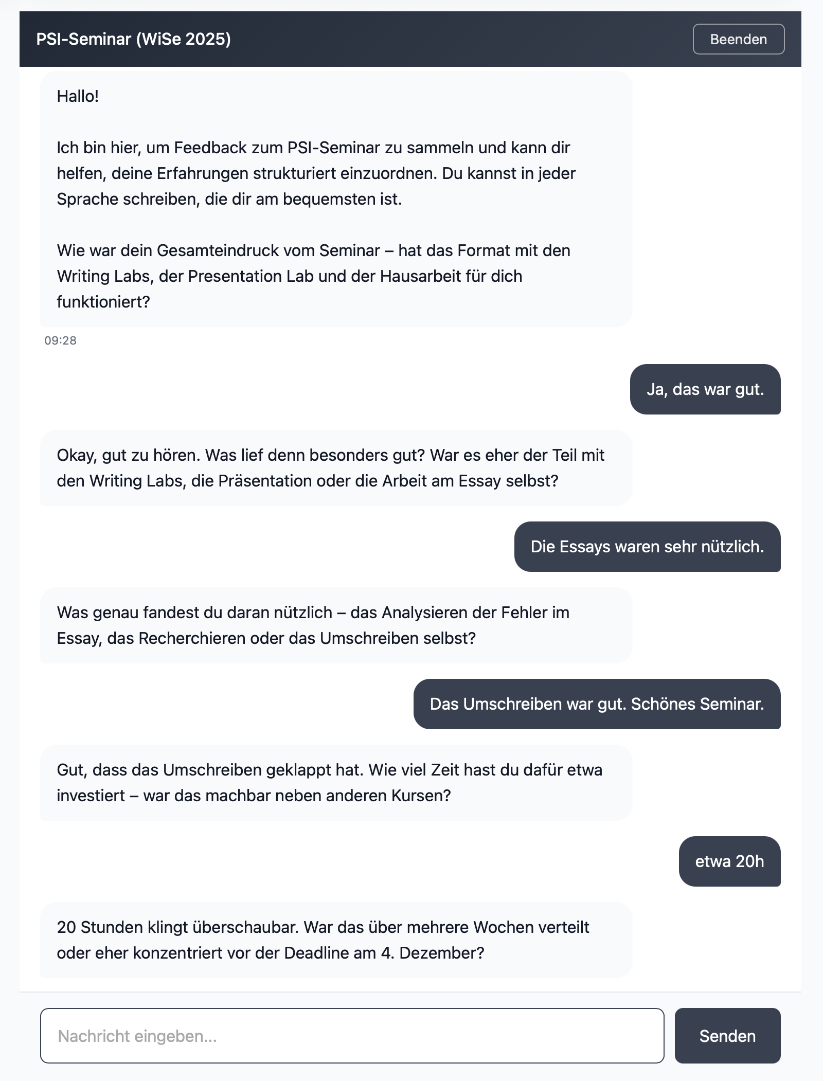 Chat-Start mit Selbstvorstellung des Bots und offener Eröffnungsfrage