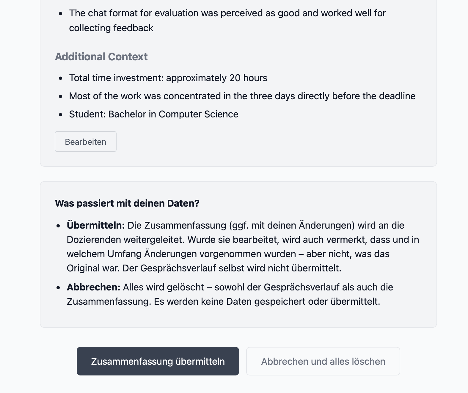 Datenkontrolle am Ende: Zwei Buttons „Zusammenfassung übermitteln“ und „Abbrechen und alles löschen“