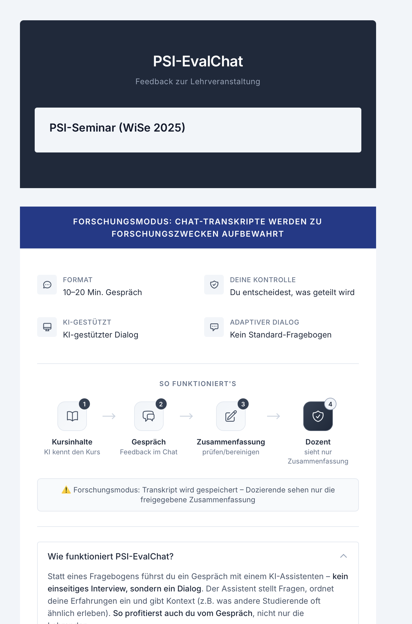Landing-Page von evalchat mit Erklärung des Formats, Vier-Schritte-Onboarding und Datenschutz-Hinweis