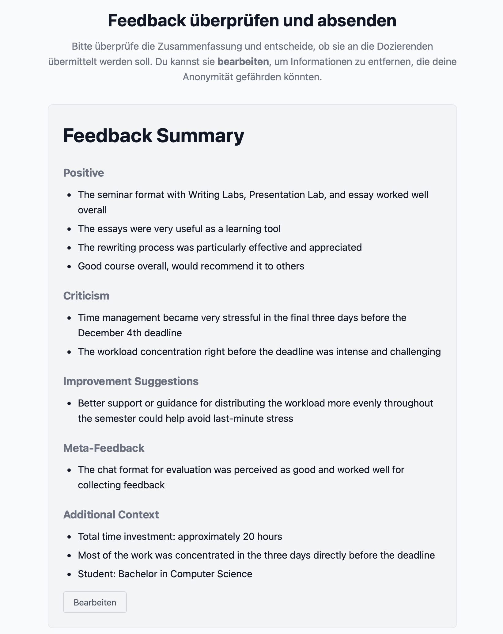 Editierbare Markdown-Zusammenfassung mit den Abschnitten Positiv, Kritik, Verbesserungsvorschläge, Meta-Feedback und Additional Context