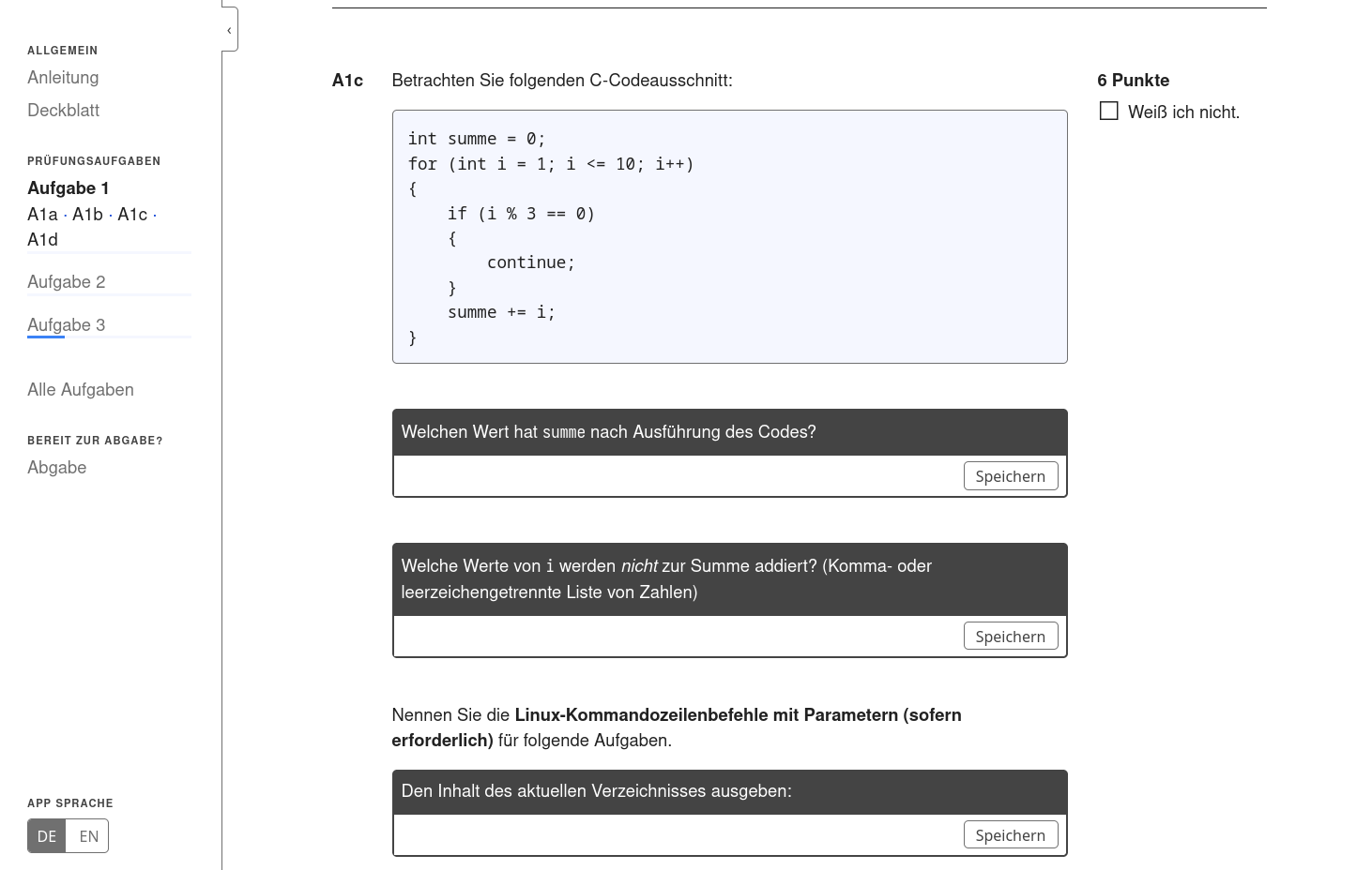 Screenshot der psi-exam-Prüfungsoberfläche mit Aufgabennavigation und Freitextfeldern